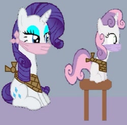 Size: 339x333 | Tagged: safe, imported from derpibooru, rarity, sweetie belle, pony, unicorn, bondage, bound and gagged, cloth gag, female, gag, over the nose gag, siblings, sisters, stool