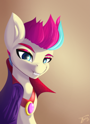 Size: 2175x3000 | Tagged: safe, artist:tyleks, imported from derpibooru, zipp storm, pegasus, pony, undead, vampire, vampony, cape, clothes, cosplay, costume, cute, fangs, female, g5, mare, signature, simple background, smiling