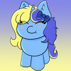 Size: 3000x3000 | Tagged: safe, artist:purple wingshade, imported from derpibooru, oc, oc only, oc:blue water, pony, unicorn, blue mane, blushing, bow, chibi, chubby, commissioner:blue water, cute, ear fluff, eyelashes, eyes closed, gradient background, smiling, tiny, tiny ponies, yellow mane