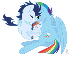 Size: 1024x768 | Tagged: safe, artist:ilaria122, imported from derpibooru, rainbow dash, soarin', oc, oc:sky, pegasus, pony, baby, baby pony, eyes closed, female, filly, foal, happy, lying down, male, mare, offspring, parent:rainbow dash, parent:soarin', parents:soarindash, shipping, simple background, soarindash, stallion, straight, transparent background, vector