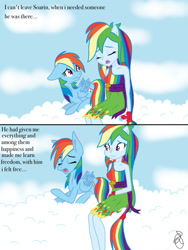 Size: 768x1024 | Tagged: safe, artist:ilaria122, imported from derpibooru, rainbow dash, human, pegasus, pony, equestria girls, cloud, comic, female, implied shipping, implied soarin', implied soarindash, implied straight, mare, talking