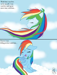 Size: 768x1024 | Tagged: safe, artist:ilaria122, imported from derpibooru, rainbow dash, human, pegasus, pony, equestria girls, cloud, comic, female, implied shipping, implied soarin', implied soarindash, implied straight, mare, talking