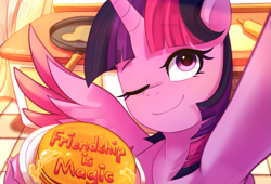 Size: 1985x1348 | Tagged: safe, artist:maren, imported from derpibooru, twilight sparkle, alicorn, pony, armpits, eyebrows, eyebrows visible through hair, eyelashes, food, leg hold, looking at you, one eye closed, one wing out, pancakes, selfie, signature, solo, spread wings, twilight sparkle (alicorn), wings, wink, winking at you