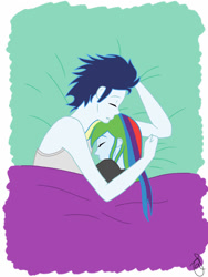 Size: 750x1000 | Tagged: safe, artist:ilaria122, imported from derpibooru, rainbow dash, soarin', human, equestria girls, bed, female, male, shipping, sleeping, soarindash, straight