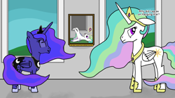 Size: 1920x1080 | Tagged: safe, artist:auro, imported from derpibooru, princess celestia, princess luna, alicorn, pony, annoyed, cake, cakelestia, castle, defenestration, duo, falling, food, laughing, lying down, magic, painting, telekinesis, text, window