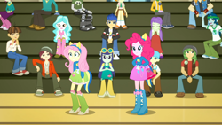 Size: 1920x1080 | Tagged: safe, imported from derpibooru, screencap, blueberry cake, captain planet, crimson napalm, flash sentry, fluttershy, microchips, normal norman, paisley, pinkie pie, sandalwood, scribble dee, starlight, valhallen, wiz kid, eqg summertime shorts, equestria girls, steps of pep, blueberry cake's boots, boots, clothes, fluttershy's boots, gym, hand on hip, megaphone, pinkie pie's boots, shocked, shocked expression, shoes