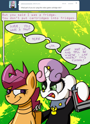 Size: 800x1100 | Tagged: safe, artist:putuk, imported from derpibooru, scootaloo, pony, robot, robot pony, unicorn, ask, duo, meanie belle, scootabot, tumblr