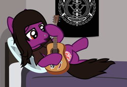 Size: 1753x1202 | Tagged: safe, artist:lightningbolt, derpibooru exclusive, imported from derpibooru, pegasus, pony, .svg available, acoustic guitar, bed, clothes, crossed legs, folded wings, guitar, hoof hold, indoors, lidded eyes, lying down, male, musical instrument, nose piercing, on back, pierce the veil, piercing, ponified, shirt, show accurate, solo, stallion, svg, t-shirt, vector, vic fuentes, wings