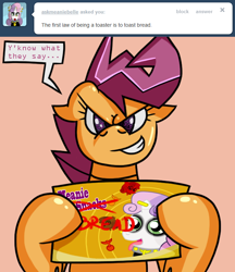 Size: 640x740 | Tagged: safe, artist:putuk, imported from derpibooru, scootaloo, pony, robot, robot pony, ask, meanie belle, scootabot, solo, tumblr