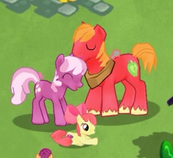 Size: 601x547 | Tagged: safe, imported from derpibooru, screencap, apple bloom, big macintosh, cheerilee, scootaloo, earth pony, pony, :d, ^^, cheerimac, eyes closed, female, filly, foal, forehead kiss, game screencap, gameloft, gameloft shenanigans, grass, grass field, kissing, looking at each other, looking at someone, male, mare, my little pony: magic princess, open mouth, open smile, shipping, smiling, smiling at each other, smirk, stallion, straight, trio