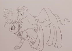 Size: 2048x1448 | Tagged: safe, artist:pony quarantine, imported from derpibooru, oc, oc only, oc:dr.frakenmare, oc:igor, camel, earth pony, pony, dialogue, duo, female, grayscale, mare, monochrome, pencil drawing, sketch, traditional art