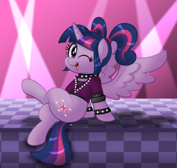 Size: 1600x1524 | Tagged: safe, artist:aleximusprime, imported from derpibooru, twilight sparkle, alicorn, pony, checkered floor, choker, crossed legs, cute, female, gameloft, gameloft interpretation, looking at you, mare, one eye closed, open mouth, pigtails, rockstar sparkle, sitting, smiling, solo, spiked wristband, spotlight, spread wings, twiabetes, twintails, wings, wink, winking at you, wristband