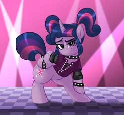 Size: 1600x1489 | Tagged: safe, artist:aleximusprime, imported from derpibooru, twilight sparkle, alicorn, pony, adorasexy, backwards cutie mark, bipedal, checkered floor, choker, cute, eyebrows, female, gameloft, gameloft interpretation, hoof on hip, looking at you, mare, pigtails, raised eyebrow, rockstar sparkle, sassy, sexy, smiling, solo, spiked wristband, spotlight, twiabetes, twintails, wristband
