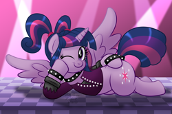 Size: 1600x1062 | Tagged: safe, artist:aleximusprime, imported from derpibooru, twilight sparkle, alicorn, pony, checkered floor, choker, cute, draw me like one of your french girls, female, gameloft, gameloft interpretation, looking at you, lying down, mare, one eye closed, pigtails, rockstar sparkle, smiling, solo, spiked wristband, spotlight, spread wings, twiabetes, twintails, wings, wink, winking at you, wristband