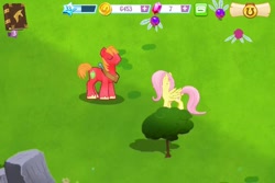 Size: 600x400 | Tagged: safe, imported from derpibooru, big macintosh, fluttershy, earth pony, parasprite, pegasus, pony, 3d, female, fluttermac, game screencap, gameloft, male, mare, my little pony: magic princess, shipping, stallion, straight