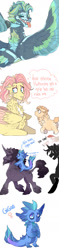 Size: 435x1837 | Tagged: safe, artist:dingobreath, imported from twibooru, fluttershy, oc, oc:gigan, oc:johnny gold, oc:poetic justice, oc:risky gambit, dragon, earth pony, pegasus, pony, unicorn, apron, baby, baby pony, chest fluff, clothes, colored wings, dragon oc, dragoness, facial hair, female, image, journalist, leg fluff, leonine tail, levitation, magic, magic aura, magical lesbian spawn, male, mare, microphone, multicolored wings, neck feathers, needs more jpeg, next generation, offspring, parent:applejack, parent:derpy hooves, parent:fluttershy, parent:rainbow dash, parent:tempest shadow, parent:twilight sparkle, parents:appleshy, parents:derpydash, parents:tempestlight, piercing, sharp teeth, simple background, speech, stallion, talking, teeth, telekinesis, thought bubble, tongue out, trotting, white background, wing hold, wings