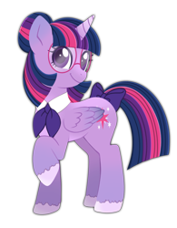 Size: 1039x1330 | Tagged: safe, artist:sleepykoinu, imported from derpibooru, twilight sparkle, alicorn, pony, alternate design, alternate hairstyle, bow, folded wings, glasses, hooves, necktie, raised hoof, redesign, simple background, solo, turned head, twilight sparkle (alicorn), wings