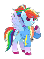 Size: 1151x1551 | Tagged: safe, artist:sleepykoinu, imported from derpibooru, rainbow dash, pegasus, pony, alternate design, alternate hairstyle, bow, clothes, grin, hoodie, hooves, ponytail, raised hoof, redesign, scarf, smiling, solo, spread wings, whistle, wings