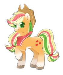 Size: 1293x1540 | Tagged: safe, artist:sleepykoinu, imported from derpibooru, applejack, earth pony, pony, alternate design, bandana, freckles, hat, hooves, raised hoof, redesign, simple background, smiling, solo