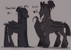 Size: 1066x750 | Tagged: safe, artist:dingobreath, imported from twibooru, oc, oc only, oc:ebony orchid, oc:hazy kiss, bat pony, pony, bat wings, chest fluff, duo, duo male and female, facial hair, female, gray background, hair bun, image, japanese, long mane, male, mare, married couple, moon runes, needs more jpeg, ponytail, scar, simple background, stallion, straight, wing claws, wings