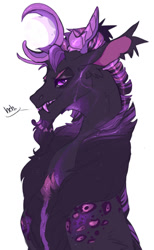 Size: 640x1040 | Tagged: safe, artist:dingobreath, imported from twibooru, oc, oc only, oc:rajani, draconequus, hybrid, draconequus oc, fangs, female, grin, horns, image, interspecies offspring, needs more jpeg, next generation, offspring, parent:discord, parent:princess luna, parents:lunacord, simple background, smiling, solo, white background