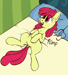 Size: 915x1005 | Tagged: safe, artist:xppp1n, imported from derpibooru, apple bloom, earth pony, pony, adorabloom, bed, blushing, cute, dock, eye clipping through hair, female, filly, foal, meme, missing accessory, onomatopoeia, open mouth, pillow, pomf, solo, tail, what are we gonna do on the bed?