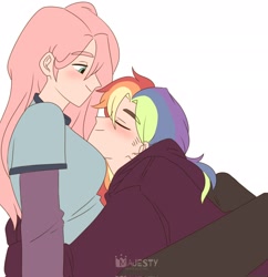 Size: 1982x2048 | Tagged: safe, artist:majestyph, imported from derpibooru, fluttershy, rainbow dash, human, blushing, breast pillow, cuddling, eyes closed, female, flutterdash, humanized, lesbian, shipping, simple background, white background