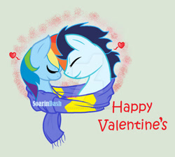 Size: 750x674 | Tagged: safe, artist:shiarathecat, imported from derpibooru, rainbow dash, soarin', pegasus, pony, clothes, eyes closed, female, holiday, male, mare, scarf, shared clothing, shared scarf, shipping, soarindash, stallion, straight, valentine's day