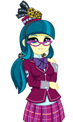 Size: 990x1646 | Tagged: safe, artist:rosemile mulberry, imported from derpibooru, juniper montage, human, equestria girls, spoiler:eqg specials, bowtie, clothes, clothes swap, crystal prep academy uniform, cute, female, film reel, glasses, junibetes, looking at you, pigtails, school uniform, simple background, skirt, smiling, smiling at you, solo, twintails, updated design, white background