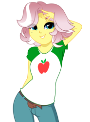 Size: 970x1314 | Tagged: safe, artist:rosemile mulberry, imported from derpibooru, vignette valencia, human, equestria girls, equestria girls series, rollercoaster of friendship, apple, beauty mark, bedroom eyes, belt, clothes, clothes swap, denim, female, food, gradient hair, hand on head, implied applejack, jeans, looking at you, pants, shirt, simple background, smiling, solo, t-shirt, updated design, white background