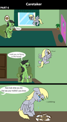 Size: 1920x3516 | Tagged: safe, artist:platinumdrop, imported from derpibooru, derpy hooves, oc, oc:anon, oc:anon stallion, pegasus, pony, comic:caretaker, 3 panel comic, accident, angry, blood, caretaker, clumsy, comic, commission, couch, crash, crying, damaged, derpy being derpy, destruction, door, excited, faceplant, female, floppy ears, flower, flying, food, front door, happy, i just don't know what went wrong, living room, male, mare, muffin, newspaper, nosebleed, offscreen character, onomatopoeia, open mouth, ouch, painting, picture frame, plant, raised hoof, sad, scolding, scrunchy face, sitting, smiling, sound effects, speech, speech bubble, spread wings, stallion, stern, surprised, talking, tears of sadness, tongue out, vase, window, wings, wings down, yelling