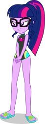 Size: 1525x4164 | Tagged: safe, alternate version, artist:dustinwatsongkx, edit, imported from derpibooru, sci-twi, twilight sparkle, human, equestria girls, equestria girls series, accessory swap, barefoot, clothes, clothes swap, feet, female, fluttershy's one-piece swimsuit, glasses, one-piece swimsuit, sandals, simple background, solo, swimsuit, swimsuit edit, swimsuit swap, transparent background, vector, wetsuit