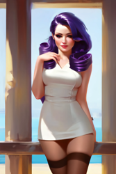 Size: 2048x3072 | Tagged: safe, imported from derpibooru, rarity, human, ai content, ai generated, clothes, dress, generator:purplesmart.ai, generator:stable diffusion, humanized, looking at you, short dress, socks, solo, standing, stockings, thigh highs, water
