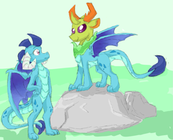 Size: 1289x1049 | Tagged: safe, artist:pzkratzer, imported from derpibooru, princess ember, thorax, changeling, embrax, female, flockmod, male, rock, shapeshifting, shipping, straight, transformation