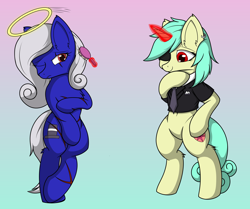Size: 4300x3600 | Tagged: safe, imported from derpibooru, oc, oc only, oc:miss yin, oc:seven sister, oc:银小姐, earth pony, unicorn, belly, belly button, bipedal, brushing, brushing mane, clothes, comb, earth pony oc, eye scar, facial scar, featureless crotch, female, horn, interchange, magic, mare, nudity, scar, sexy, simple background, standing, standing on one leg, standing on two hooves, unhappy, unicorn oc