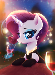 Size: 2568x3512 | Tagged: safe, artist:harukiicat, imported from derpibooru, rarity, pony, unicorn, alcohol, clothes, date, dress, female, glowing, glowing horn, horn, looking at you, magic, magic aura, mare, solo, wine