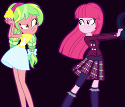 Size: 772x658 | Tagged: safe, artist:sarahalen, imported from derpibooru, lemon zest, pinkie pie, equestria girls, friendship games, alternate universe, base used, black background, clothes, clothes swap, costume, duo, duo female, female, looking at each other, looking at someone, role reversal, shadowbolts costume, simple background, uniform, wonderbolts uniform
