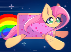 Size: 2700x2000 | Tagged: safe, artist:miryelis, imported from derpibooru, fluttershy, pegasus, pony, :3, big ears, clothes, costume, cute, flying, long hair, nyan cat, rainbow, simple background, smiling, solo, starry eyes, wingding eyes