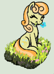Size: 250x342 | Tagged: safe, artist:maretian, junebug, earth pony, pony, ^^, eyes closed, female, flower, grass, grass field, mare, mouth hold, sitting, smiling, solo