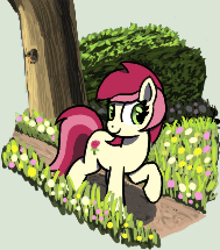 Size: 378x430 | Tagged: safe, artist:maretian, roseluck, earth pony, pony, female, flower, grass, grass field, mare, raised hoof, solo, tree