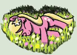 Size: 330x236 | Tagged: safe, artist:maretian, lily, lily valley, earth pony, pony, cute, female, flower, grass, grass field, heart, hnnng, lying down, lying on the ground, mare, sleeping, smiling, solo