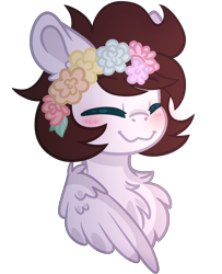 Size: 4216x5189 | Tagged: safe, artist:kittiebases, artist:saverpon3, imported from derpibooru, oc, oc only, oc:markey malarkey, pegasus, pony, :3, base used, blushing, bust, chest fluff, crossover, cute, floral head wreath, flower, ponified, portrait, simple background, solo, the mark side, transparent background