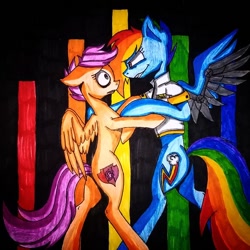 Size: 640x640 | Tagged: artist needed, source needed, safe, imported from derpibooru, rainbow dash, scootaloo, fanfic:rainbow factory, amputee, artificial wings, augmented, clothes, duo, fanfic art, floppy ears, holding each other, lab coat, liquid rainbow, looking at each other, looking at someone, prosthetic limb, prosthetic wing, prosthetics, spectra, standing on two hooves, torn ear, traditional art, wings