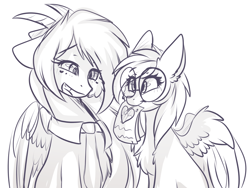 Size: 1400x1050 | Tagged: safe, artist:krissstudios, imported from derpibooru, oc, oc only, oc:ayaka, oc:sally lovely, pegasus, pony, female, glasses, horns, mare, monochrome, necktie, open mouth