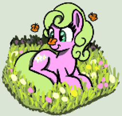 Size: 306x290 | Tagged: safe, artist:maretian, daisy, flower wishes, butterfly, earth pony, pony, cross-eyed, featured image, female, flower, grass, grass field, lying on the ground, mare, smiling, solo