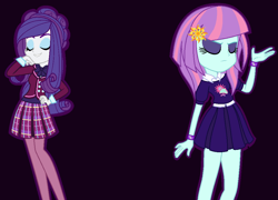 Size: 1004x722 | Tagged: safe, artist:sarahalen, imported from derpibooru, rarity, sunny flare, equestria girls, friendship games, alternate universe, base used, black background, clothes, costume, duo, duo female, eyes closed, female, role reversal, shadowbolts costume, simple background, uniform, wonderbolts uniform