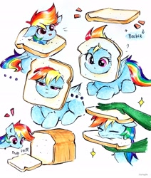 Size: 1935x2279 | Tagged: safe, artist:liaaqila, imported from derpibooru, rainbow dash, human, pegasus, pony, ..., bread, bread head, cat breading, cute, dashabetes, disembodied hand, emanata, eyes closed, food, hand, liaaqila is trying to murder us, liaaqila is trying to murder us with dashabetes, question mark, simple background, sniffing, white background