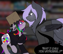 Size: 1000x864 | Tagged: safe, artist:woofpoods, imported from derpibooru, oc, oc:ennui, oc:strobestress, pegasus, pony, unicorn, bag, blushing, chest fluff, cute, ear fluff, embarrassed, female, flirting, glowing, glowing blush, glowstick, heart, height difference, looking at each other, looking at someone, male, mare, multicolored hair, nodding, paper bag, photo, rainbow hair, romance, romantic, short, shy, speech bubble, stallion, straight, tall, text, tired eyes