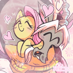 Size: 800x800 | Tagged: safe, edit, editor:flutterinreallife, idw, imported from derpibooru, discord, fluttershy, spoiler:comic24, blushing, discoshy, female, happy, heart, hug, male, shipping, snaggletooth, straight