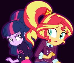 Size: 968x816 | Tagged: safe, artist:sarahalen, imported from derpibooru, sunset shimmer, twilight sparkle, equestria girls, friendship games, alternate universe, base used, black background, clothes, clothes swap, costume, duo, duo female, female, ponytail, role reversal, shadowbolts costume, simple background